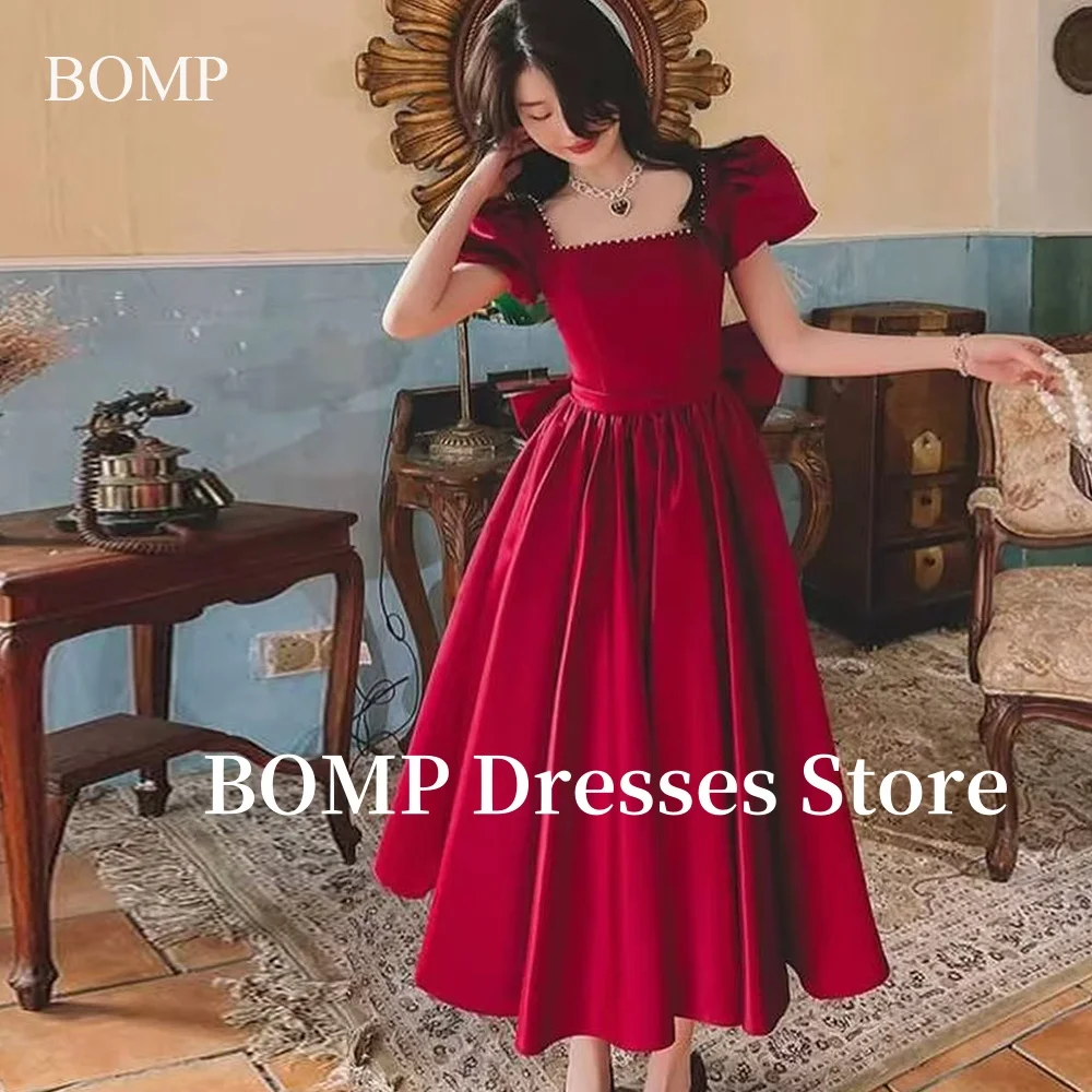 

BOMP Elegant Red Velour Formal Evening Dresses with Bow Puff Sleeves Korea Wedding Dress Photo Shoot Wedding Party Customzied
