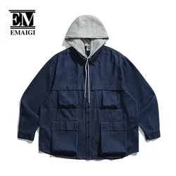 Oversize Men Cityboy Harajuku Streetwear Fashion Loose Casual Detachable Hooded Denim Cargo Jacket Women Jeans Coat Outerwear