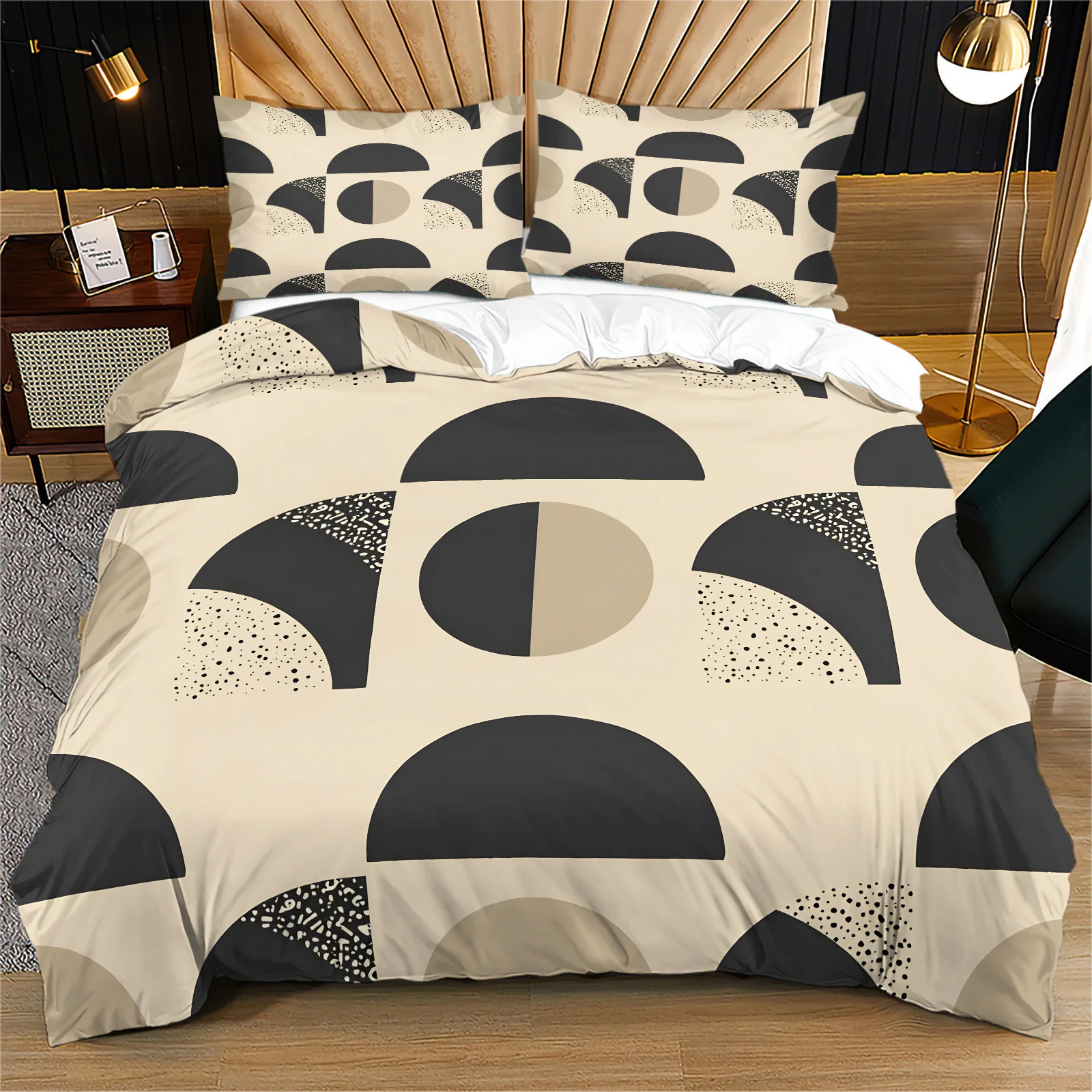 Boho Abstract Half Circle Duvet Cover Set Mid Century Modern Geometric Black Beige Semicircle Bedding Set Soft Bed Linen Bedroom