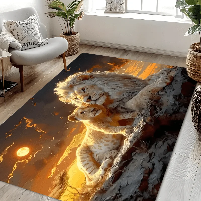 White Lion Flannel Rug Sunset Silhouette Area Carpet Soft Non-slip Floor Mat for Living Room Bedroom Home Decor