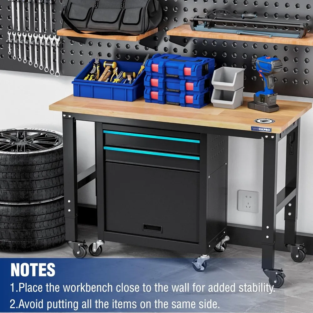 Garage Workbench, 48"X22" Adjustable Workbench with Wheels, Rubber Wood Top Heavy-Duty Workstation with Power Outlets