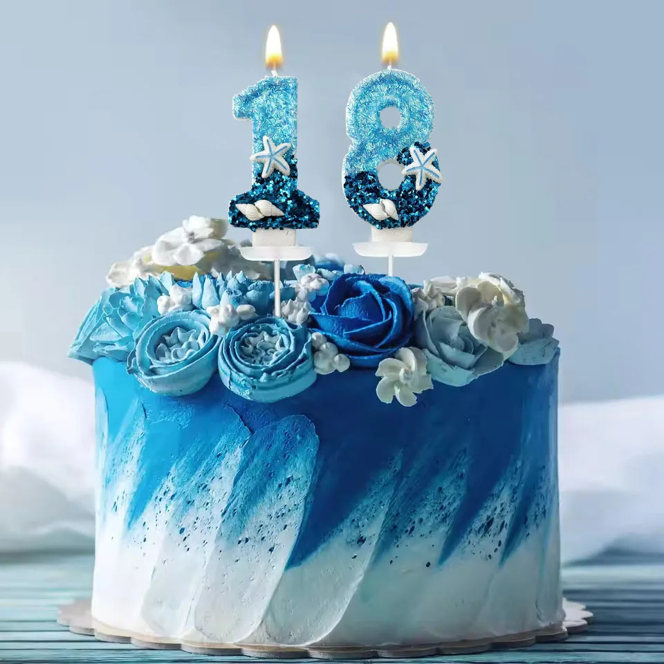 1 Stück Kindergeburtstagskerzen 0-9 Zahlen Himmelblau Seestern Muschel Kuchen Kerze Dekoration DIY für Hochzeit Partyzubehör