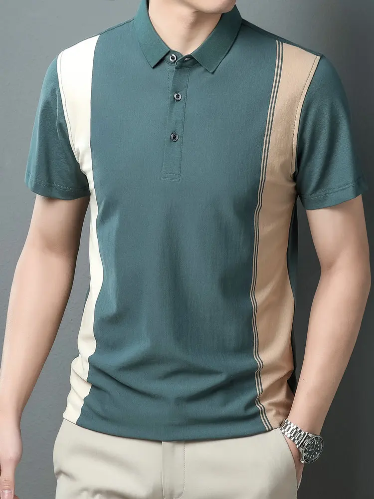 

Men Green Blue Red Patchwork Polo Shirts Maele Business Smart Casual Color Block Tees Turn Down Collar Short Sleeve Tops Summer