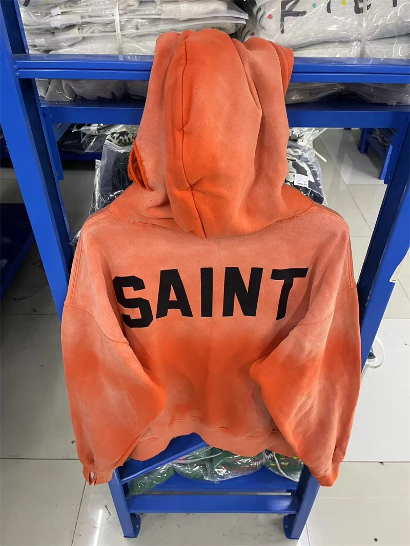 Autumn Winter SAINT Letter Printed Washed Vintage Hoodie Cotton High Street Casual Loose Versatile Hip-Hop Sports Sweatshirt