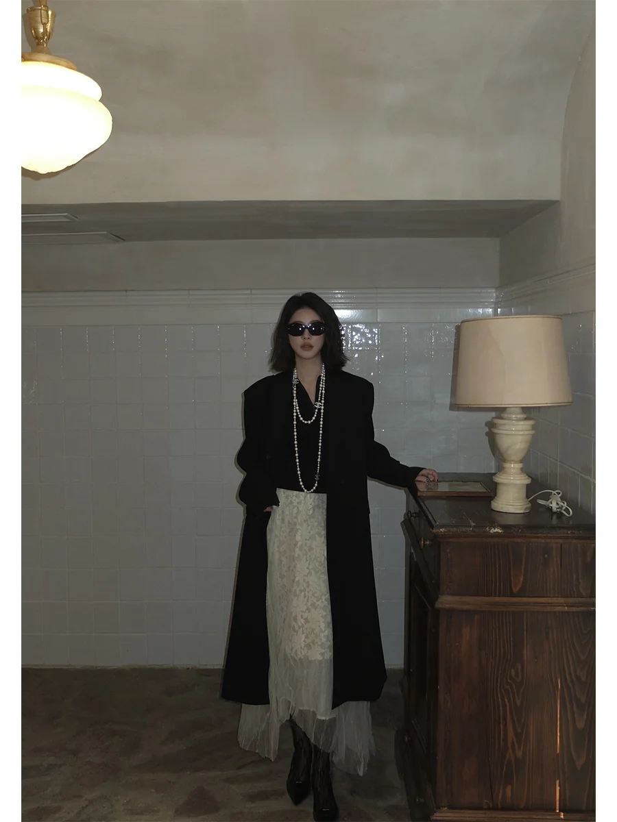 

HANSCO Beautiful Fine Merino Wool Double-Row Buttoned Coat Spring New Sle Women's Outerwear Straight Cut Long Sve Suit