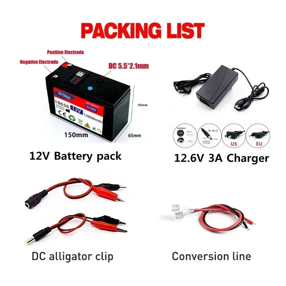 12V Battery 120Ah 18650 lithium battery pack Rechargeable battery for solar energy electric vehicle battery+12.6v3A charger