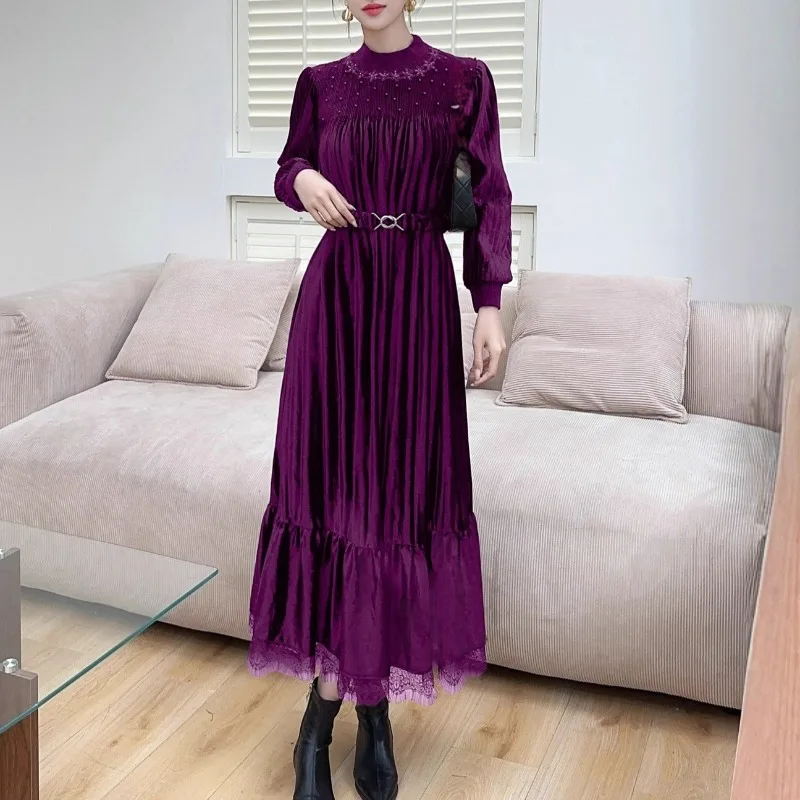 

Плиссированное платье Miyake из бисера с затянутой талией, бархатное платье в стиле пэчворк с кружевными рукавами, элегантные длинные платья, одежда для торжественных случаев