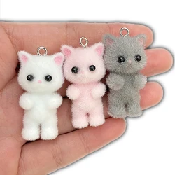 10PCS Cat Kawaii 3D Fluffy Flocking Cat Animal Charms Miniature Dolls Keychain Necklace Pendant DIY Crafts Jewelry Make