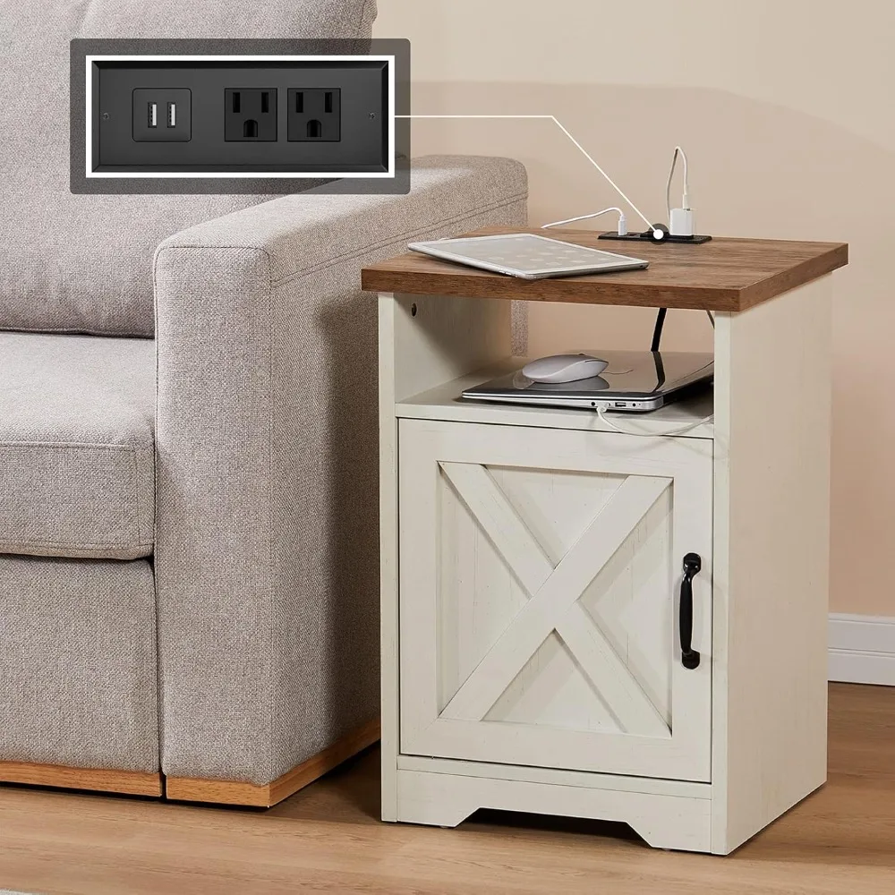 

3-Piece Farmhouse Living Room Table Set with Coffee Table & 2 End Tables, Charging Station & USB Ports, Distressed White