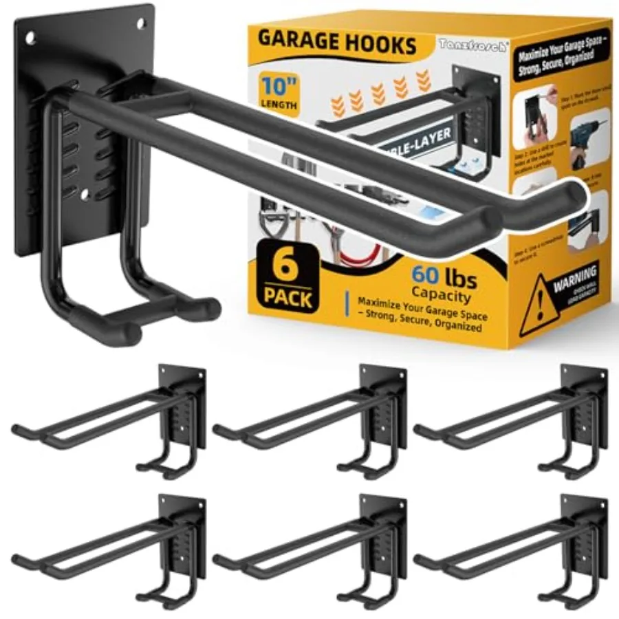 

6 Pack Garage Hooks 10 INCH Heavy Duty Two-Tier Steel Shed Wall Mount Workshop Garage Storage Tool Organizer Hooks for Hanging