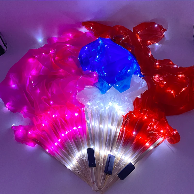 1.5M LED Artificial Silk Belly Dance Fan luminous Folding Cloth fan Colorful Light Up Fan for Women Stage performance props