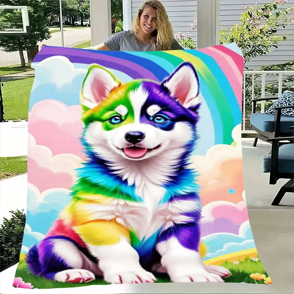 Colorful Rainbow Husky Puppy Throw Blanket - Soft and Cozy Fleece Blanket Featuring a Cheerful Husky with Vibrant Colors and Pla