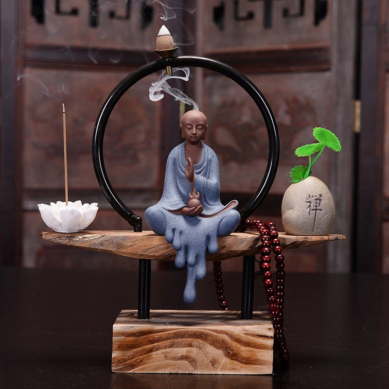 New Chinese-Style Buddha Statue, Backflow Incense Burner, Root Carving, Weathered Dead Wood, Ceramic Ornaments For Entrance And