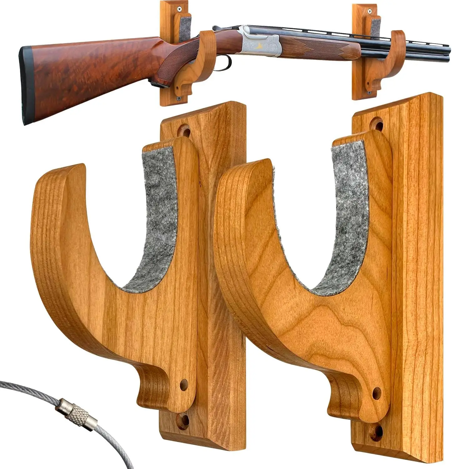 Gun Rack Wall Mount FAS Cherry Solid Wood Horizontal Display Accessories Hooks Real Hardwood Hanger for Rifles Shotguns and Bows