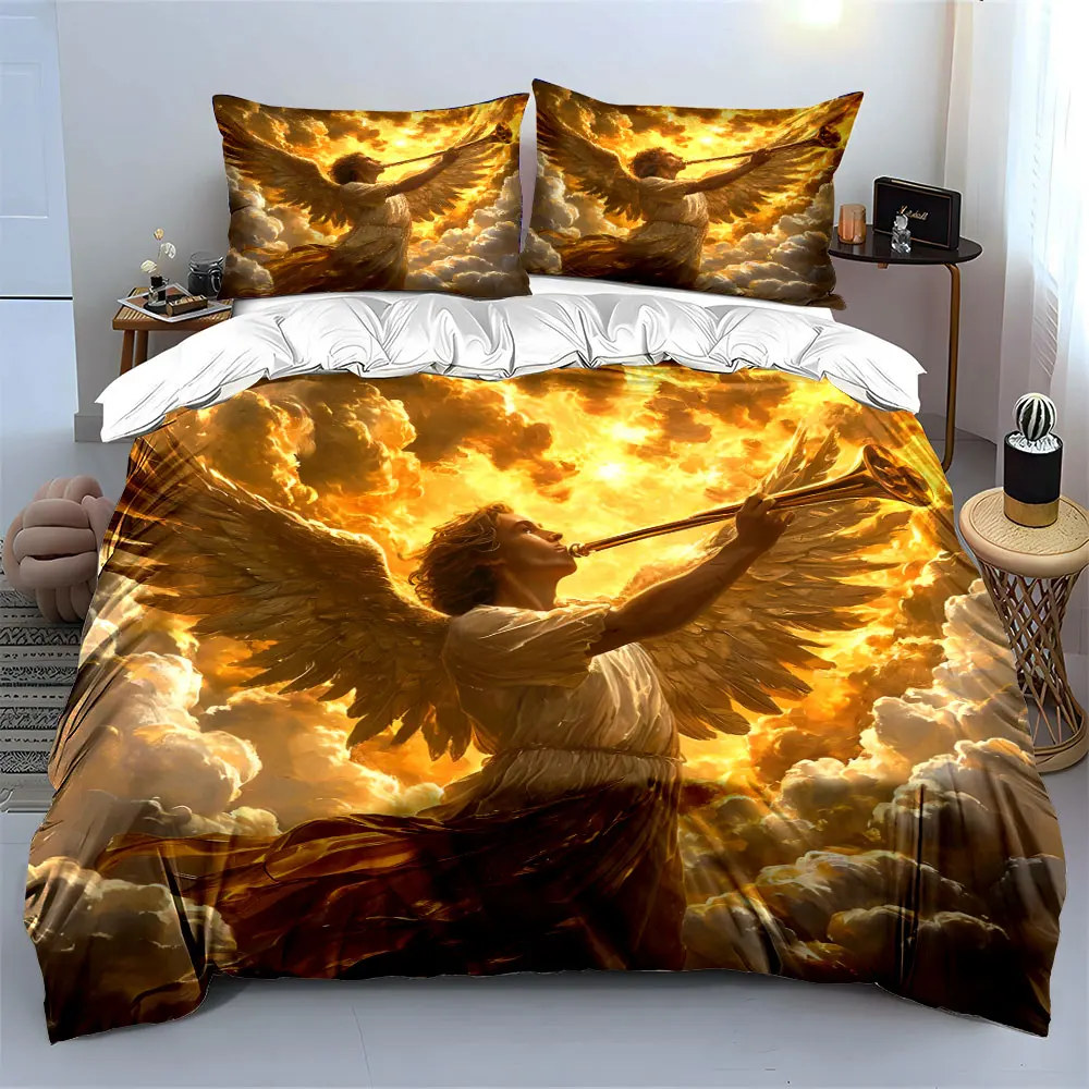 Angel Blowing Golden Trumpet Print Bedding Set 1 Duvet Cover 2 Pillowcases for Adult and Children Luxury Gift Full Size