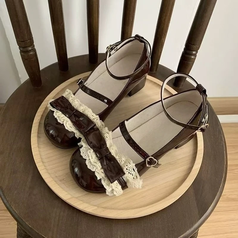 Stylish Mary Jane Single Shoes Autumn New Round Toe Shallow Bow Lace Trim Slip Strap Square Heel Pump Shoes
