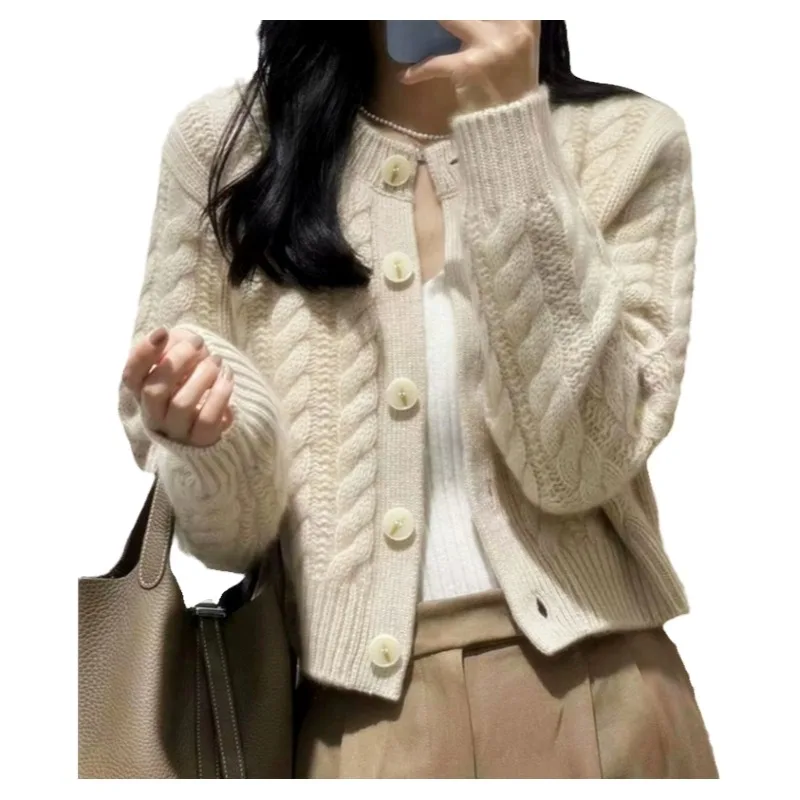 2023 autumn and winter new thick pure cashmere cardigan women\'s round neck twist coat knitted loose sweater