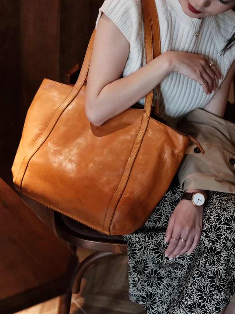 

simple luxury handmade genuine leather women's large capacity tote bag Fashion vintage shoulder bag cowhide shopping handbag