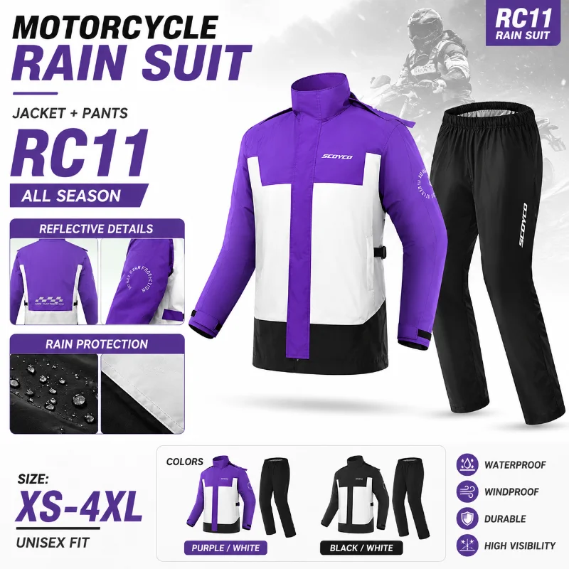 RC11 Motorcycle Rain Suit Men Waterproof Windproof Riding Jacket Pants Set Reflective Commuting Touring Rain Gear