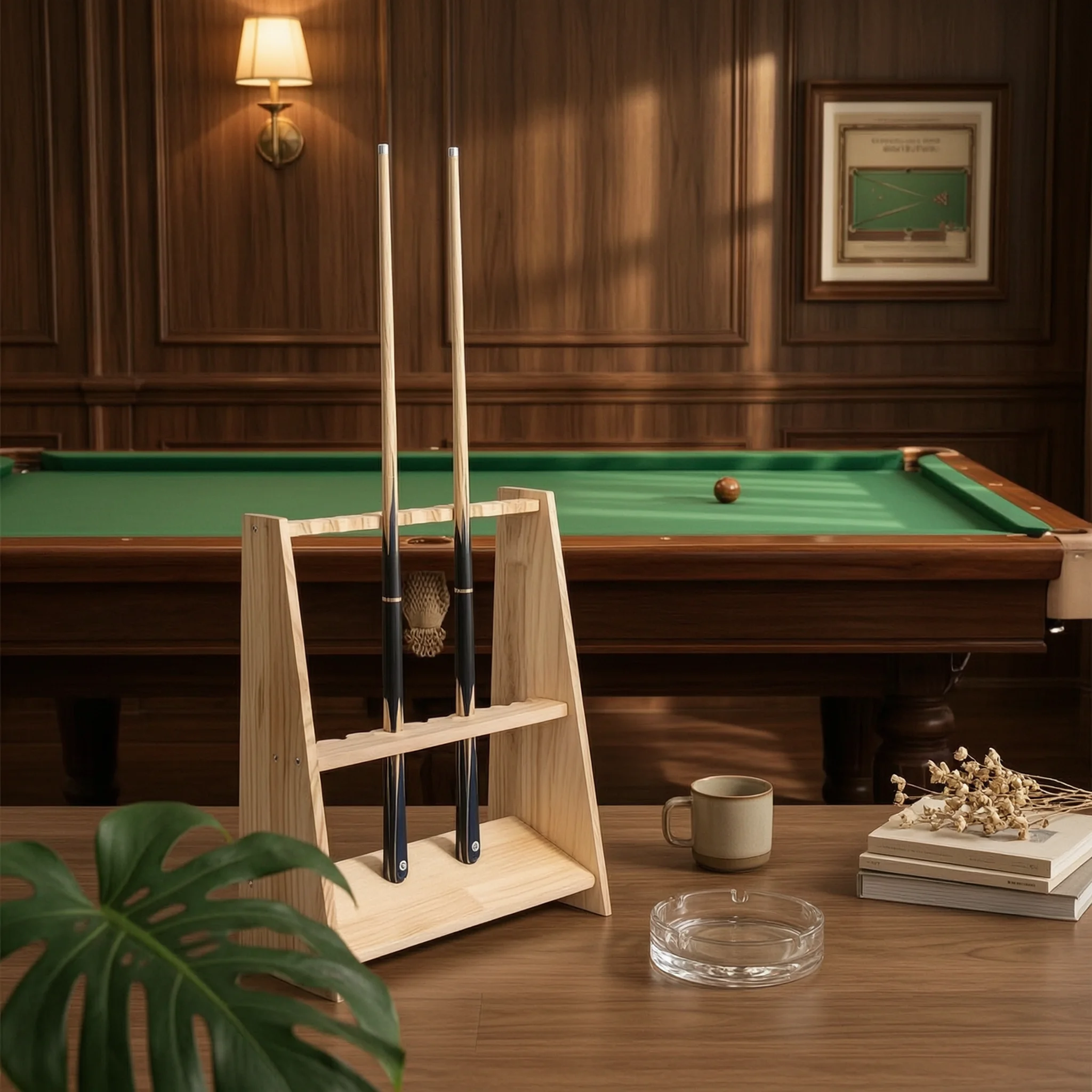 Trapezoid Cue Rack Wooden Pool Cue Holder with 10 Slots Floor Stand Sturdy Furniture Long-Lasting for Game Room, Billiard Club