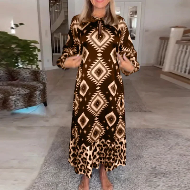 

Retro Leopard Geometry Print Loose A-Line Dress Spring Autumn Women Long Sleeve Pullover Dress Fashion Casual Female Robe Dress