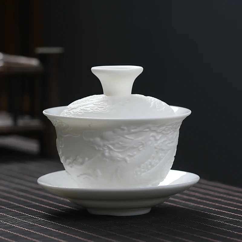 White porcelain kung fu tea set mutton fat jade relief worship tea cup ceramic household three bowl large capacity tea bowl