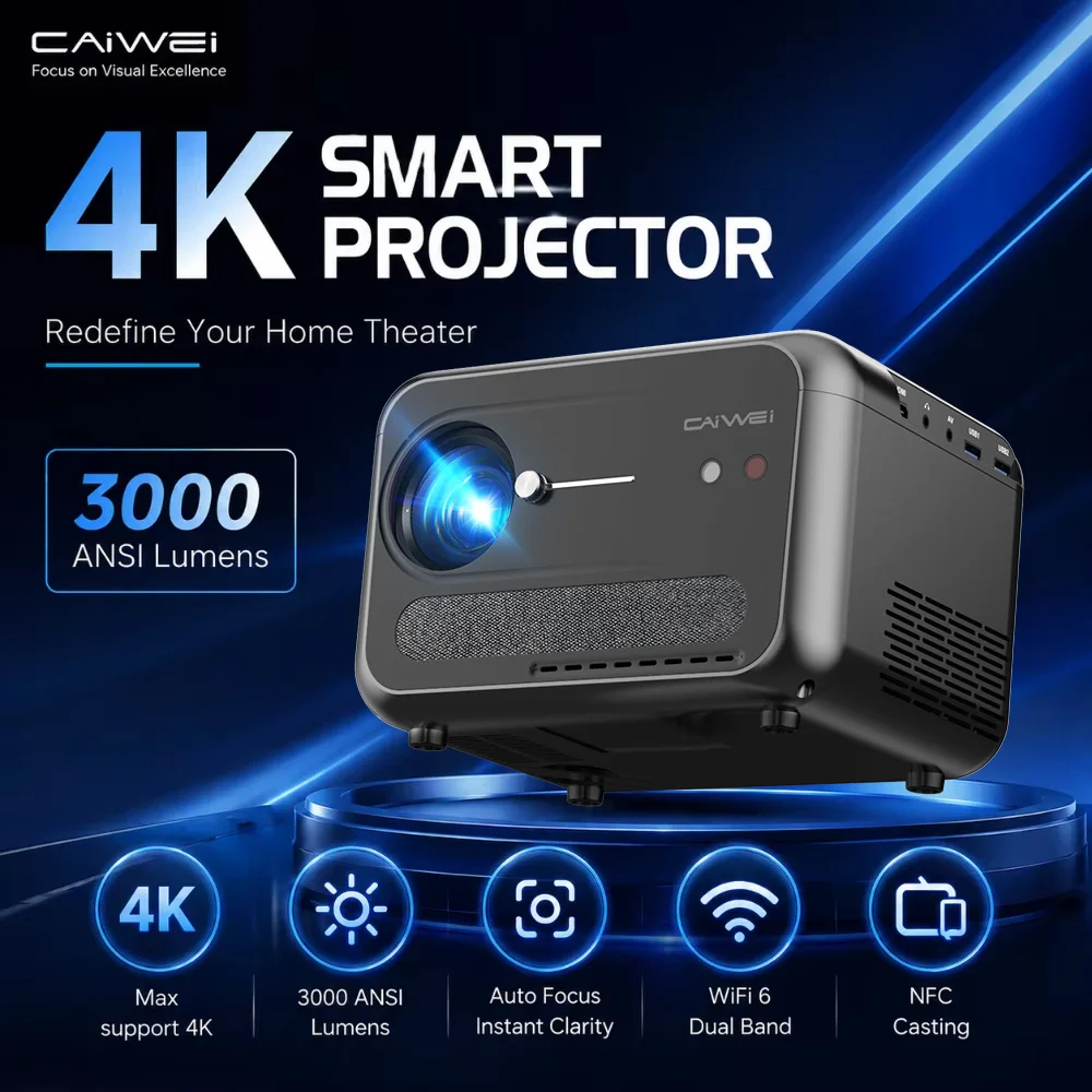 CAIWEI A6W 4K Projector Full HD 1080P Home Theater Auto Focus Android for Movies Video Smart Beamer Portable Projector 3000 ANSI