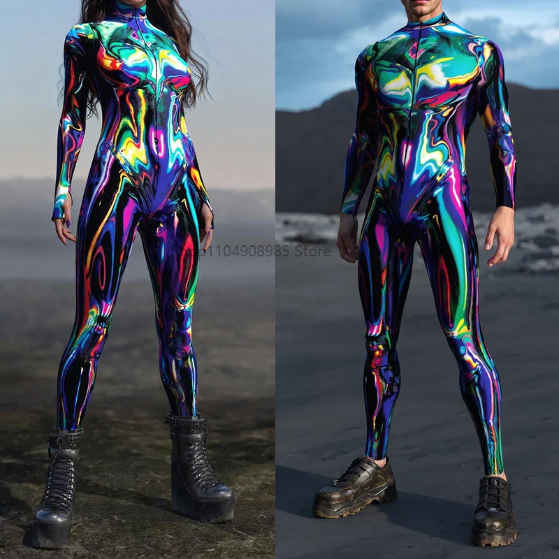 

Chrome Delight Costume Multicolor Streamer Graffiti Jumpsuit Role Play Slim Stretch Tights Halloween Carnival Party Suit