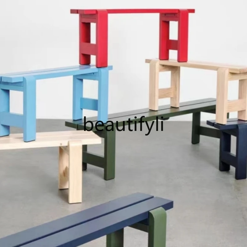 Nordic style casual outdoor color tables and chairs solid wood long stools courtyard open-air table and chair combination