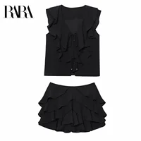 2025RARA, novedad de verano, camisa informal a la moda con capas decorativas sin mangas con cuello en V y pantalones de falda de cintura media a la moda