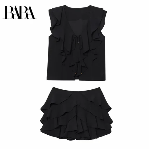 2025RARA, novedad de verano, camisa informal a la moda con capas decorativas sin mangas con cuello en V y pantalones de falda de cintura media a la moda