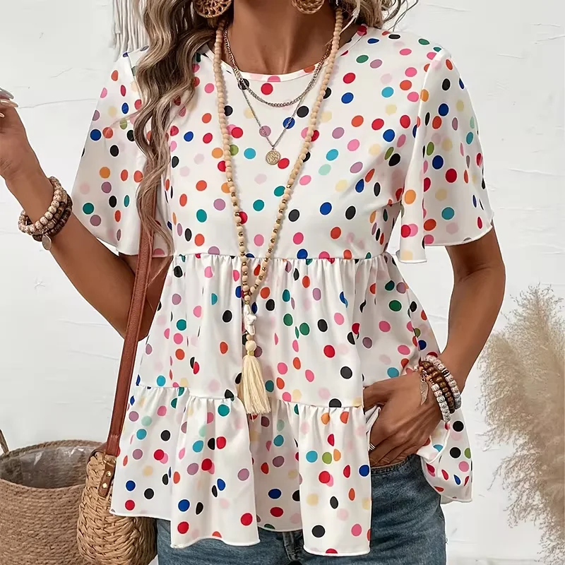 

Ladies Summer sweet girls round neck puff sleeves elegant Korean style preppy chic high waisted casual fashion temperament outdo