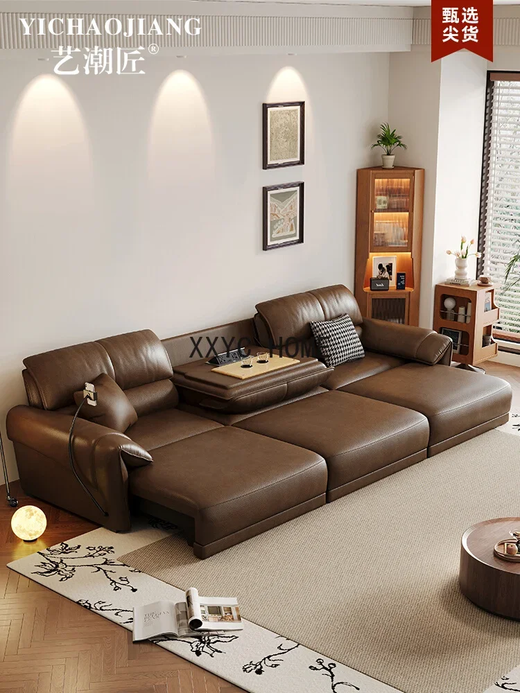 

Modern simple straight row first layer leather electric multi-functional sofa bed