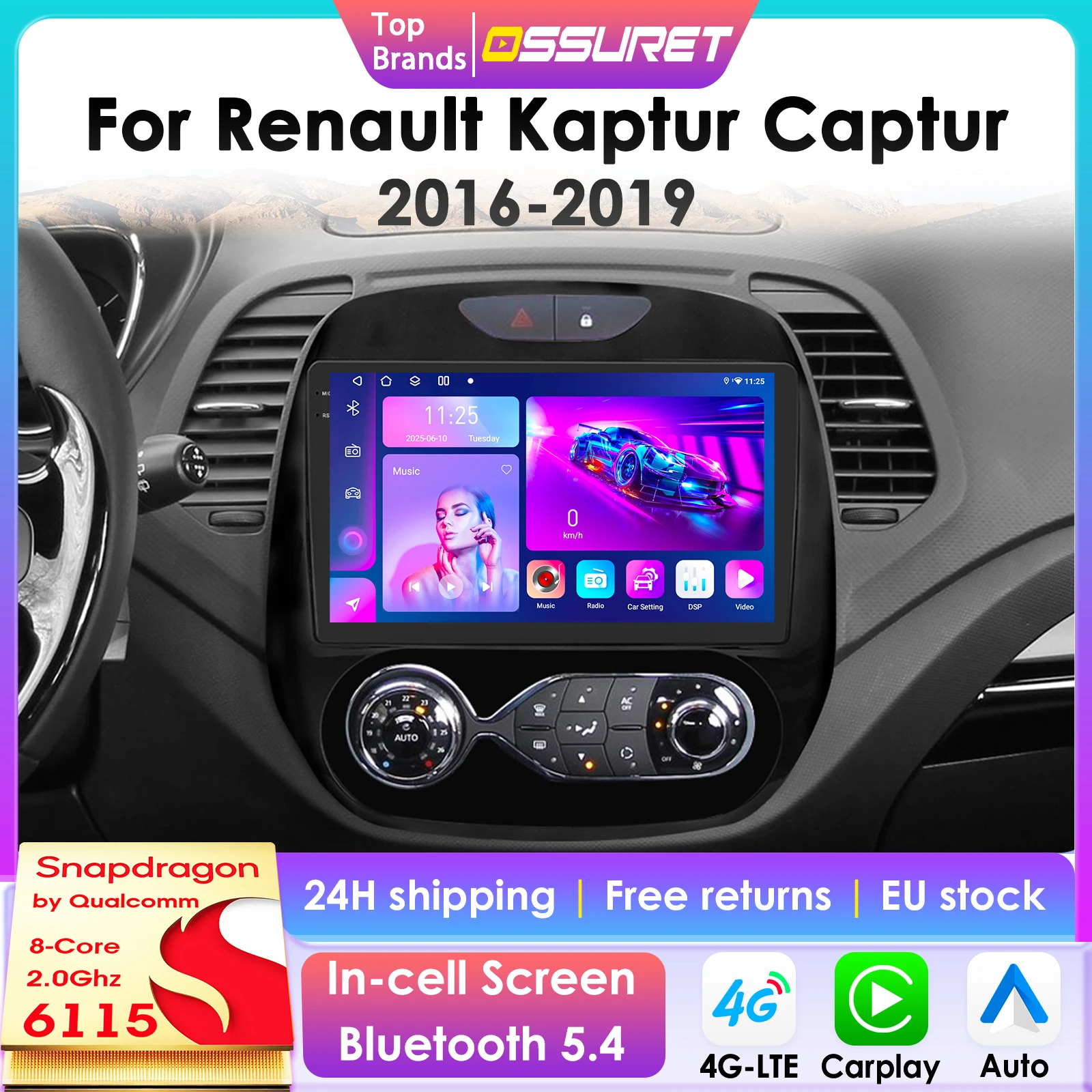 2Din 360-Grad-Kamera Android Autoradio für Renault Kaptur Captur 2016-2019 Auto-Multimedia-Player Intelligenter Bildschirm Autoradio Carplay