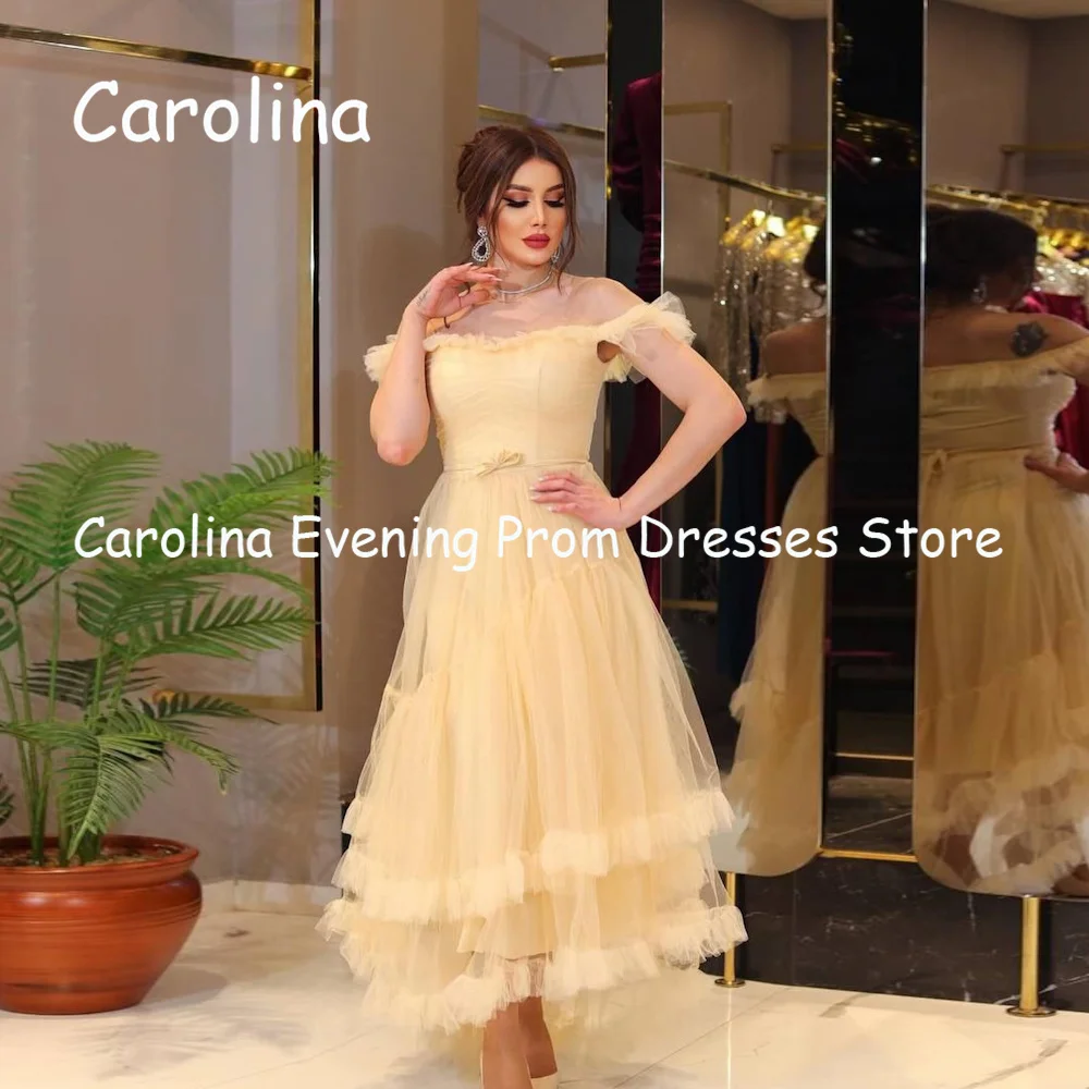 

Carolina Tulle A-line Off-the-shoulder Ruffle Prom Gown Tea Length Saudi Evening Formal Elegant Party Dress for Women 2023