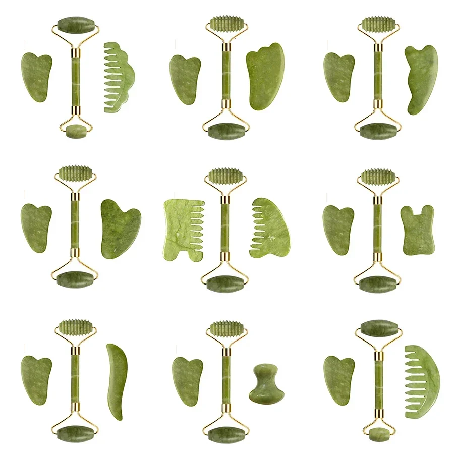 

3pcs Natural Stone Gua Sha Face Roller Set Gouache Scraper Back Neck Scratcher Massager For Face Massage Tools Jade Roller Combs