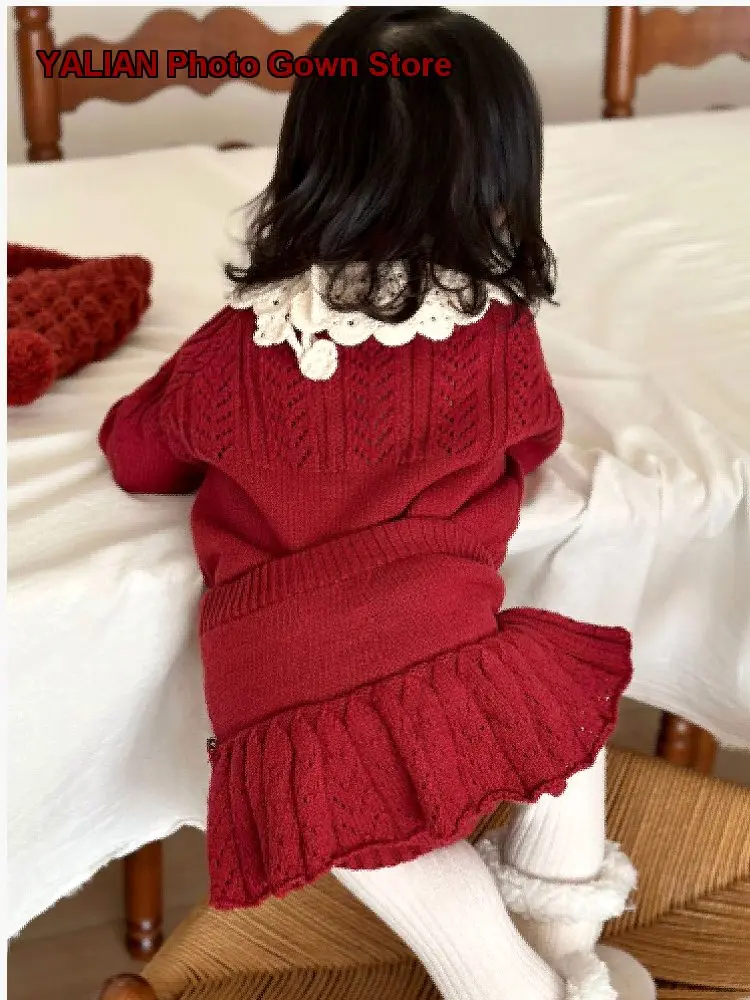Girls Two-Piece Set Toddler Spring Stylish Red Birthday Dress for First Birthday Photos Kids