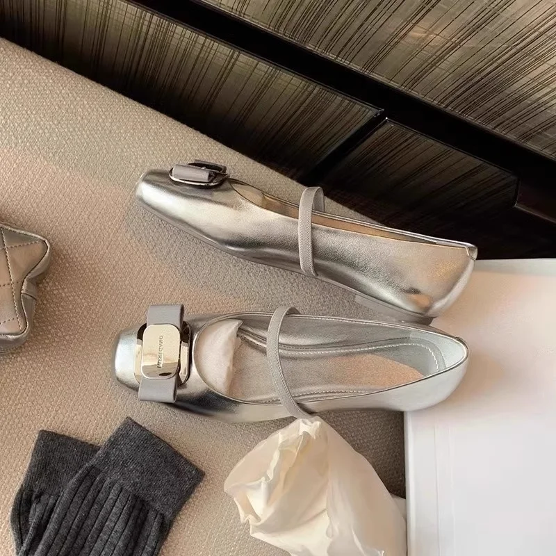 

2025 Spring New Women's Mary Jane Shoes French Square Toe Mid Heel Metal Decoration Elegant Sexy Shallow Ladies Ballet Shoes