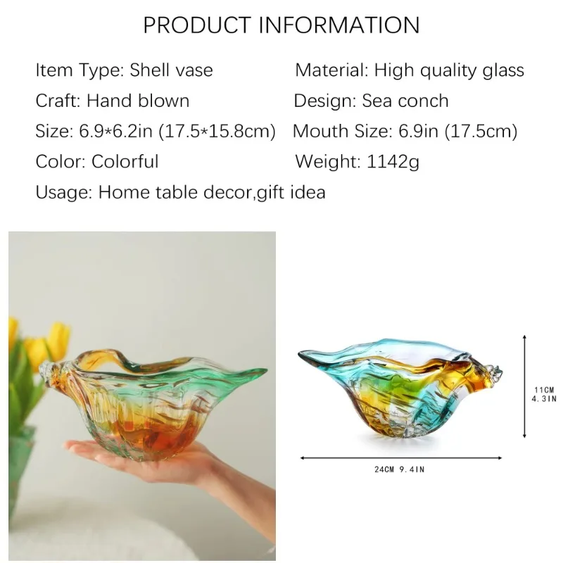 Blown Glass Shell Vase Art Glass Conch Seashell Figurine Collectibles Unique Conch Bowl for Home Decor Gift,Colorful