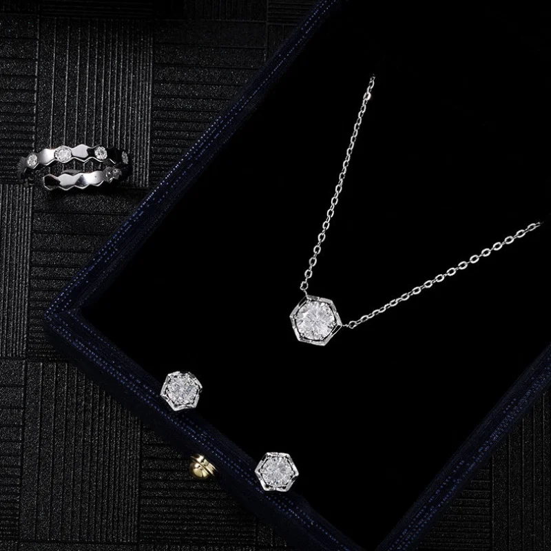 

【Mirrordust】Shinys925Silver Fashionable Three-Piece Set Honeycomb Necklace Earrings Open Ring Set