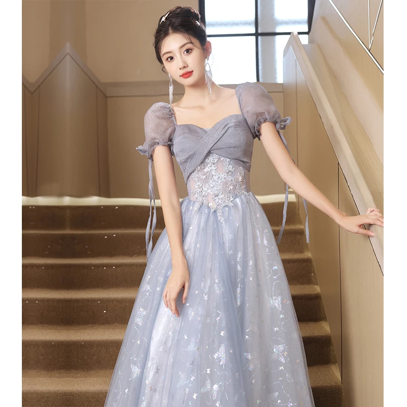 Blue evening dress female banquet art examination host princess dress summer