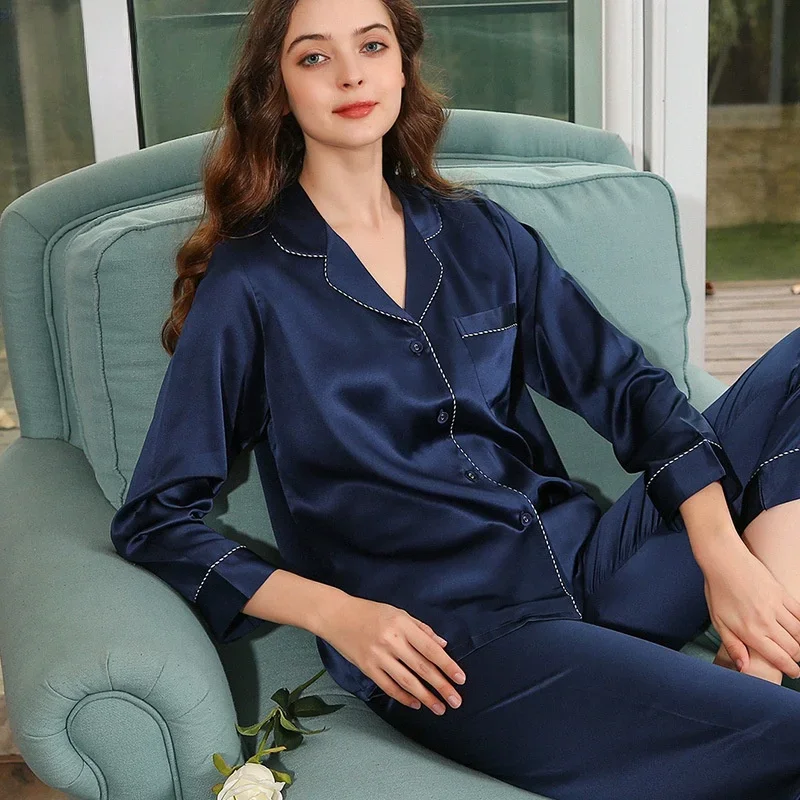 Pure Silk Elegant WOMEN'S Pyjamas Home Clothing Long-sleeve Cardigan Set Girls Satin Nightgowns Women Silk Pijama Sets Sleepwear