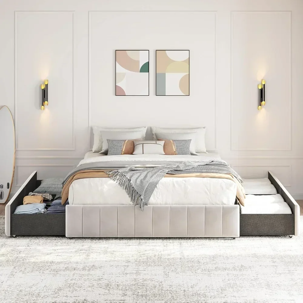 Queen Bed Frame Upholstered Platform Bed With 4 Storage Drawers, Large Storage Space/Strong Wooden Slats/Beige Queen Bed