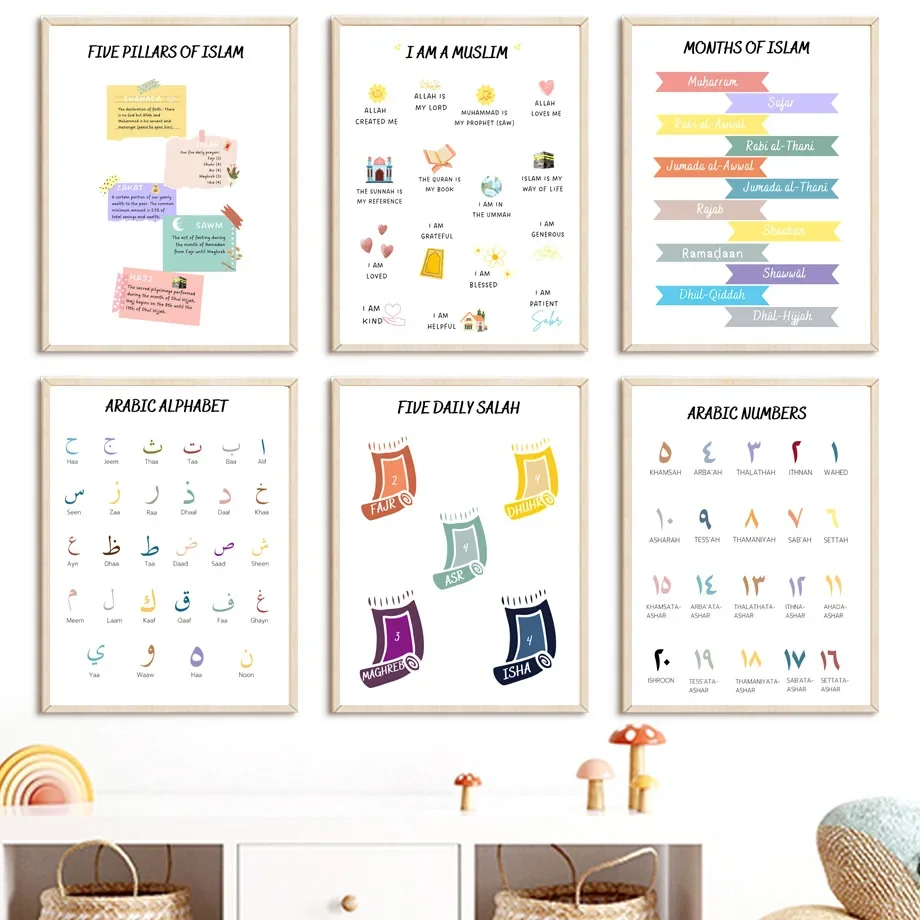 

Islamic Arabic Prophet ABC Number Month Nursery Wall Art Prints Canvas Painting Education Posters Picture Kids Room School Decor