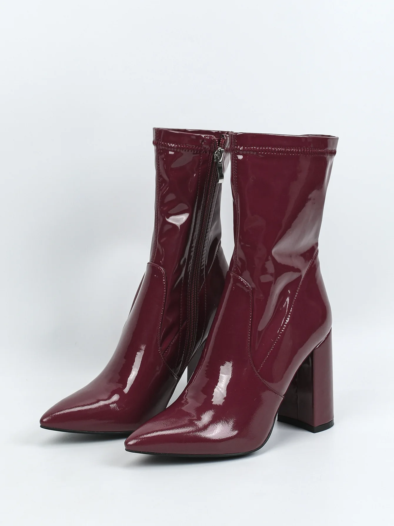 Cool Woman Wine Red Black Patent Leather Short Boots Lady Thick Heel Pointed Toe Side Zipper Ankle Boots