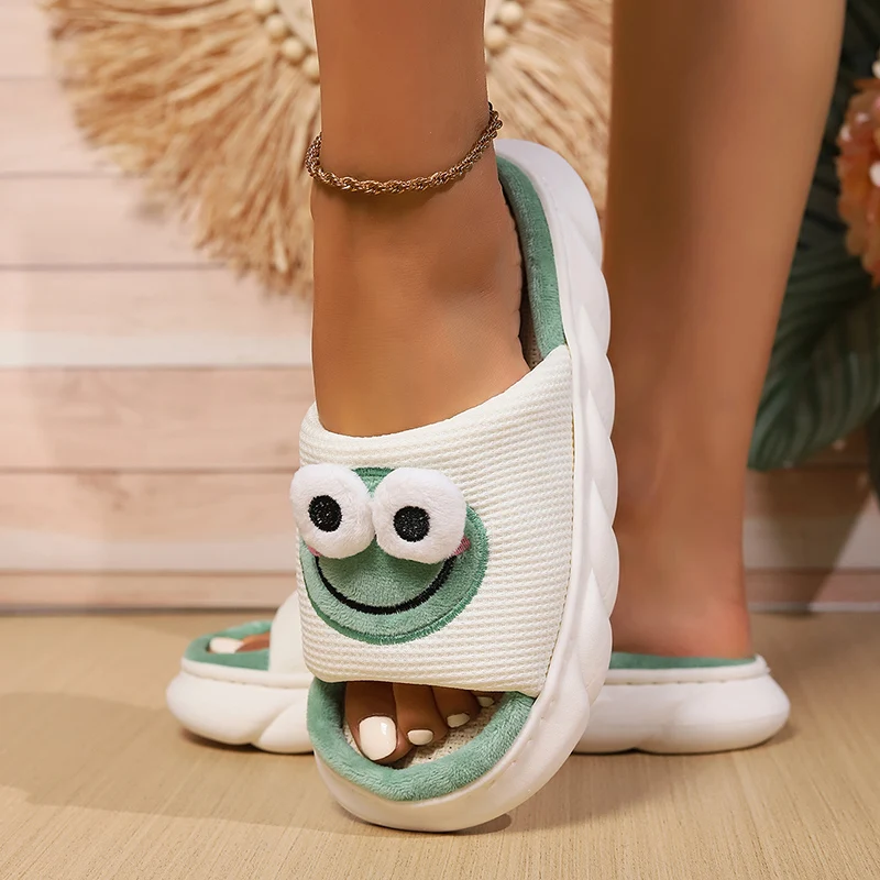 Pantofole Casual in lino con plateau donna Home Frog Cartoon Cute Designer Shoes Girls 2024 New Spring Fashion House Slides Large Size