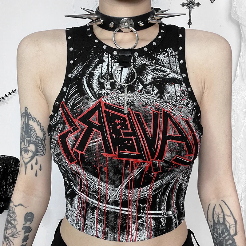 Goth Dark Punk Style Rivet Sleeveless Crop Tops Women Casual Streetwear Mall Gothic Letter Print Tanks Top Cyber Y2K Basic Vests