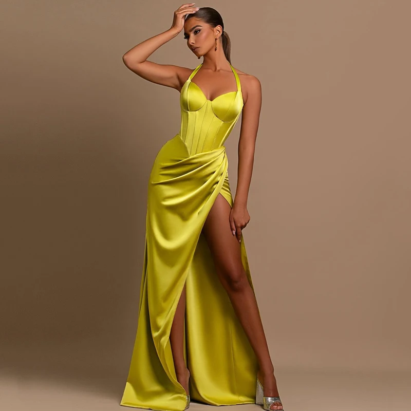 

Sexy Spaghetti Straps Women Evening Dresses Halter Neck Long Slit Satin Prom Party Gowns Robe De Soiree Abendkleider