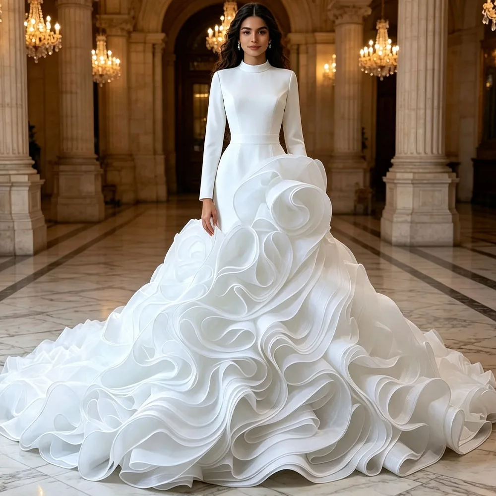 Customized Wedding Dresses Turtle Long Sleeves Lace Up Back Ruffles Trouwjurk