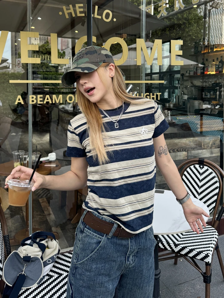 

CCYE Brand American Retro Striped Loose ort Sve T-irt Women's Summer New Sle Streetwear Cotton Blend round Ne Top